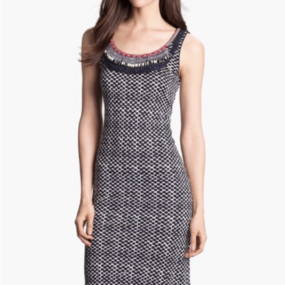 Tory Burch Sheath Dress Polka Dot S Navy Beaded Sleeveless Summer